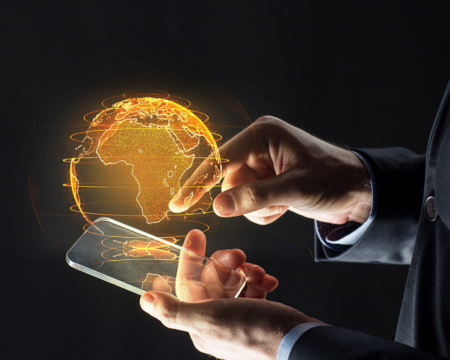 future technology concept - close up of businessman hands with transparent smartphone and earth hologram over black