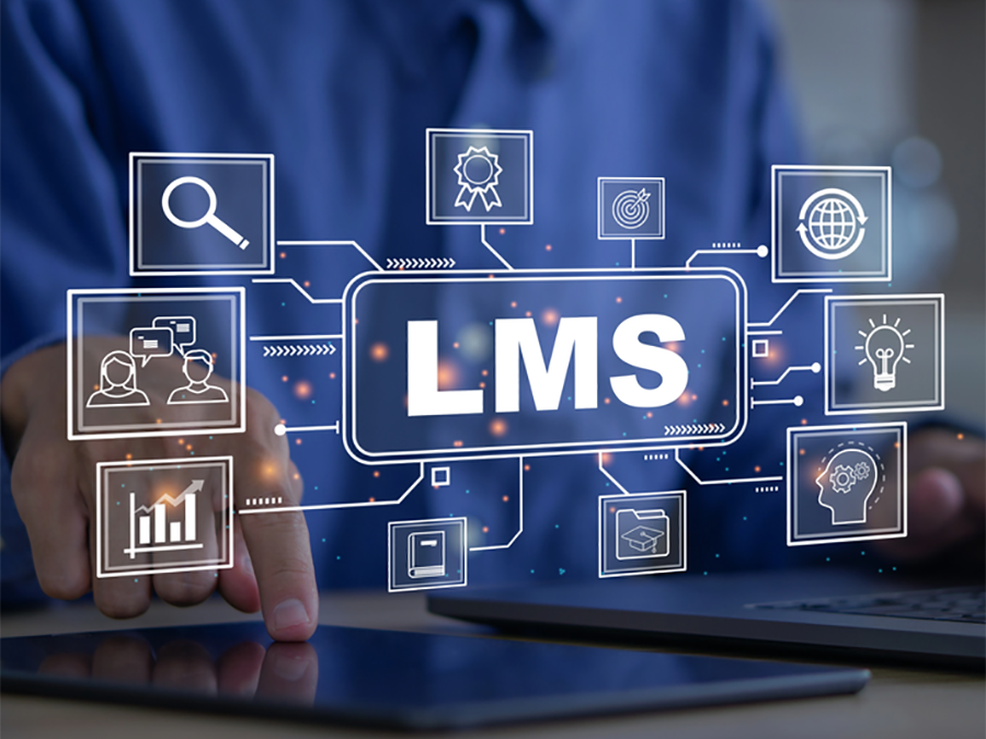 learner management system concept. close-up of learner's hands by a computer