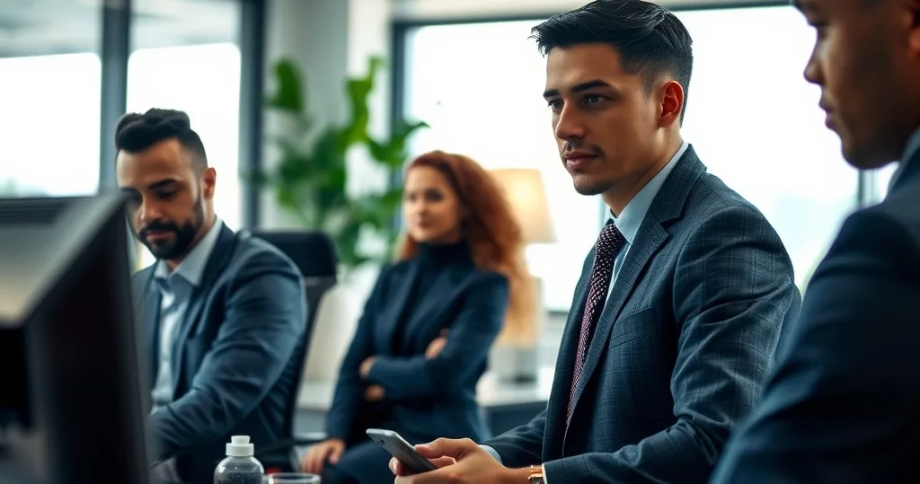 A business scene illustrating Mitigating Risks with an Employee Reputation & Risk System in the Technology industry, for B2B,